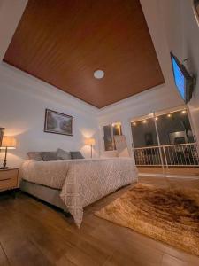 奥罗西Orosi Mountain Lodge的一间卧室配有一张大床和地毯。