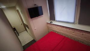 基辅Міні Готель "БУНКЕР" на Солом'янському的一间带平面电视的客房,铺有红地毯
