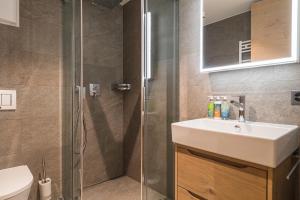采尔马特Apartment in Chalet Pizzo Fiamma的一间带水槽和淋浴的浴室