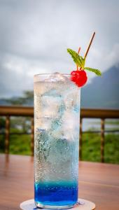 埃尔卡斯蒂约Villas Paradise的桌上的一杯蓝饮料和樱桃