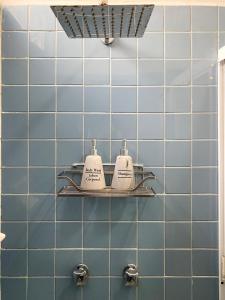 科苏梅尔Cómodo y bonito estudio en Cozumel的蓝色瓷砖浴室,架子上配有2个牙刷