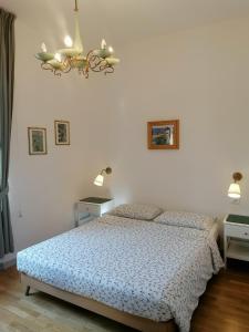 比萨Eco Pisa Tower Guesthouse的一间卧室配有一张床和一个吊灯