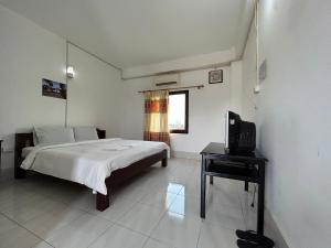 万荣Vang Vieng Backpackers Hostel的一间卧室配有一张床、一张书桌和一台电视