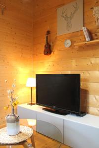 EdlitzDas Paradieschen的客厅设有木墙,配有平面电视。