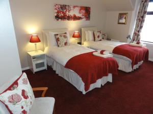 布罗迪克美景酒店的酒店客房,配有两张带红色床单的床