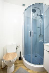 乌斯特卡WillaMaks的一间带卫生间和玻璃淋浴间的浴室