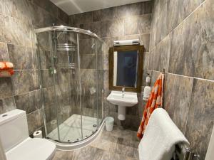 桑希尔The Lodge at Muir Estate的带淋浴、卫生间和盥洗盆的浴室