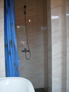 华沙Camping domki letniskowe的一间带蓝色淋浴帘的淋浴的浴室