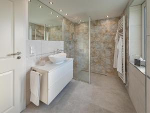 弗伦斯堡Ferienwohnung Flensburg的浴室配有白色水槽和淋浴。