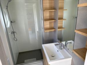 圣乔治-德迪多讷mobil home 6 places tout confort的一间带水槽和淋浴的浴室