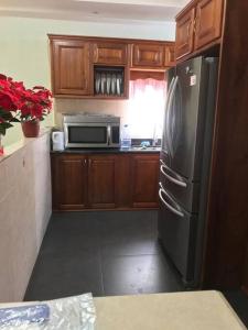 圣费尔南多Comfortable home in San Fernando的厨房配有黑色冰箱和微波炉。
