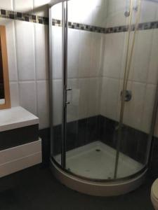 圣费尔南多Comfortable home in San Fernando的一间带卫生间的浴室内的玻璃淋浴间