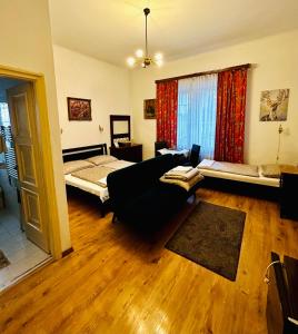 布达佩斯Kis Gellért Guesthouse的客厅配有沙发和1张床