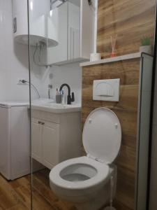 普罗马尼亚Apartments Vjekoslav Sea View的浴室配有白色卫生间和盥洗盆。