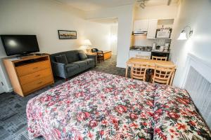 海恩尼斯Courtyard Resort的一间卧室配有一张床和一张沙发,还设有一间厨房
