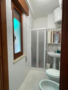 圣玛丽亚纳瓦雷Da Mamma IUN Q9152的带淋浴、卫生间和盥洗盆的浴室