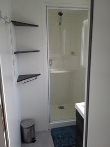 翁赞Joli mobil-home pour 8 personnes tout confort 3 chambres vue étang avec piscine的带淋浴的浴室和玻璃门