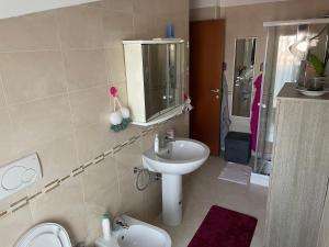蒙特西尔瓦诺Oasi Verde appartamento的一间带水槽、卫生间和镜子的浴室