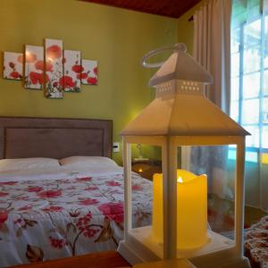 乌拉圭河畔康塞普西翁La Cipriana的一间卧室,前方配有一张床和灯笼