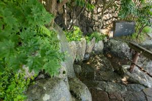 神户有马温泉高山庄华野酒店的石墙,有长凳和一些植物