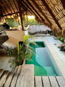埃斯孔迪多港Casa KUUL, elegant fusion of house and garden.的一个带草屋顶的度假胜地的游泳池