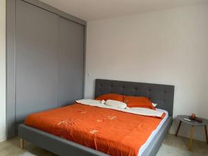 佩奇ViLLA的一间卧室配有一张带橙色棉被和桌子的床