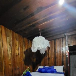 瓜隆岛Blondies Koh Rong Villa的一间卧室配有一张床和一个吊灯