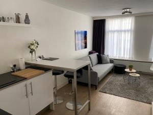 阿姆斯特丹罗西公寓的厨房以及带桌子和沙发的客厅。