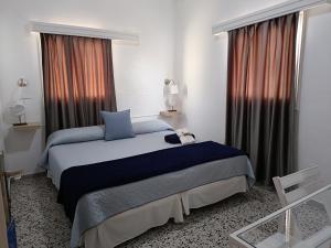 洛斯克里斯蒂亚诺斯Pensión Playa的一间卧室配有一张带蓝色床单和窗户的床。