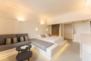 易莫洛林Cilon Suites Santorini的一间带床和沙发的小卧室