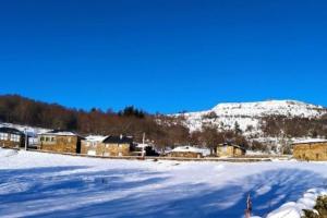 O Busto Aldea Rural的一片雪覆盖的田野,有房子和山