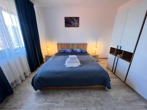 NiculiţelAgropensiunea Vila Cristina的一间卧室配有蓝色的床和两个枕头