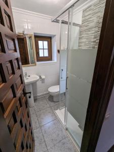 桑提亚纳德玛Posada Revolgo的一间带玻璃淋浴和卫生间的浴室