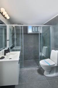 尼科西亚Urban Condo 12 - 2 Bdr的一间带卫生间和玻璃淋浴间的浴室