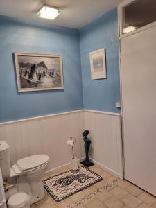 Chef-BoutonneChambre d'Hote Woody的一间带卫生间和蓝色墙壁的浴室