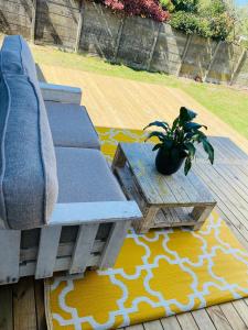 Mount PleasantStudio On Nate的甲板上的一张长沙发和一张桌子以及一棵盆栽植物