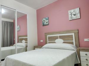 埃斯帕尔蒂纳斯HOTEL NUEVO ESPARTINAS的粉红色的卧室配有两张床和镜子