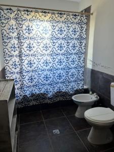卡布拉科拉尔Punta Sur - Dique Cabra Corral的一间带卫生间的浴室以及蓝白墙纸