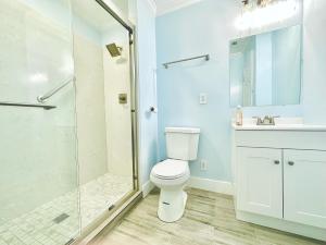 米尔布雷3 bedroom residential home in the lovely town near SFO San Francisco的一间带卫生间和玻璃淋浴间的浴室
