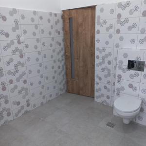 苏利纳Gradina de Vara Sulina的一间带卫生间和木门的浴室