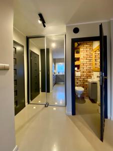 波兹南Yose Apartment的一间带步入式淋浴间和卫生间的浴室