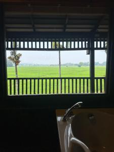 湄林班顿洛度假村 的带水槽的浴室窗户,享有田野美景