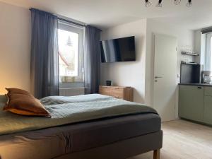 哈斯洛赫Freigeist Apartments的卧室配有一张床,墙上配有电视