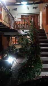 奥兰太坦波维拉斯旅馆的一座有楼梯和植物的建筑,一个人骑摩托车