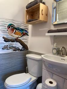 Saint-FulgenceSuite 2, Flèche du fjord, vue Saguenay, Mont Valin的一间带卫生间的浴室,墙上挂着鸟画