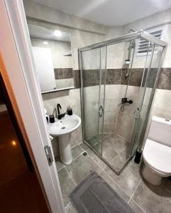 伊斯坦布尔Mr Miller Suites的带淋浴、卫生间和盥洗盆的浴室