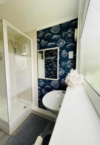 Brading“SEA HEAVEN “ chalet in Sandown Bay Holiday Park的一间带水槽、淋浴和卫生间的浴室
