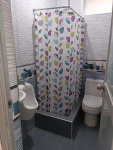 阿亚库乔HOSPEDAJE SAMAY WASI (AYACUCHO)的一间带卫生间和淋浴帘的浴室