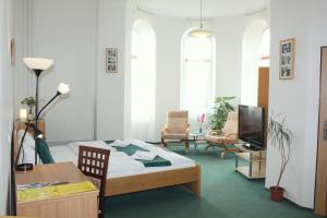 捷克捷欣中央酒店的客房设有1张床、1张桌子和1台电视。