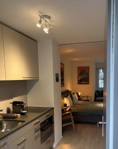 苏黎世Swiss Art Apartment City Center的厨房和带床的客厅
